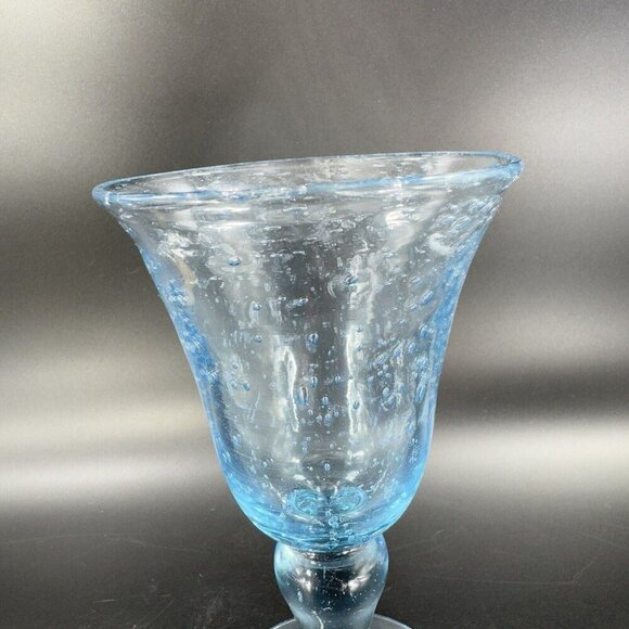 Hand Blown Studio Art Glass Drinking Goblets Transparent Light Blue Bubbles 3 - Picture 13 of 15